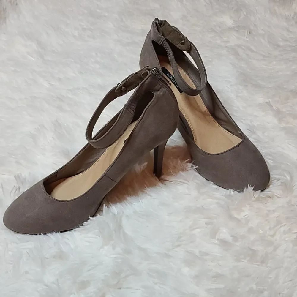 Forever 21 Faux Suede Grey Ankle Strap Heels